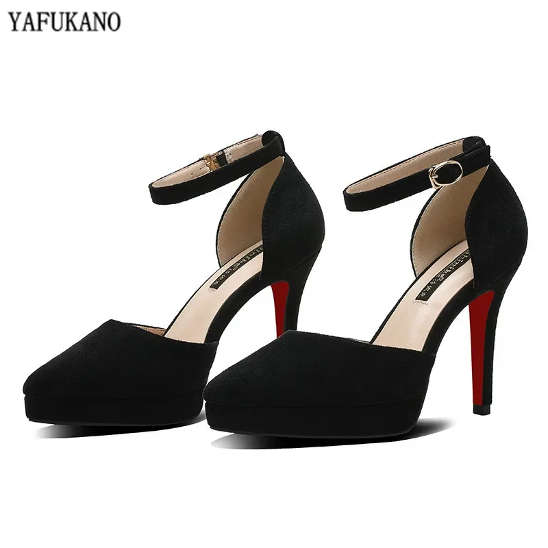 Sexy Platform High Heels Thin Heels Pointed Toe Women Single Shoes Word Buckle Pumps Mid Hollow Solid Flock Work Shoe Size 32 33