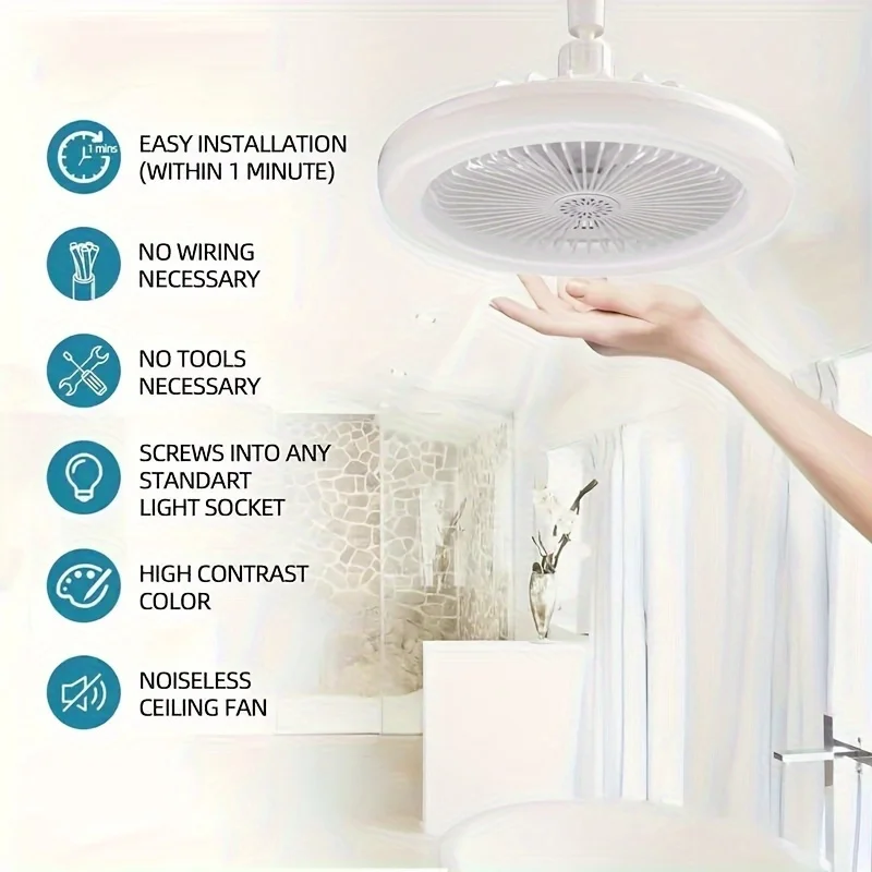 E26/E27 Ceiling Fan With Lighting Intelligent Remote Control For Bedroom Living Home Silent 85-265V Lamp E27 Converter Base With