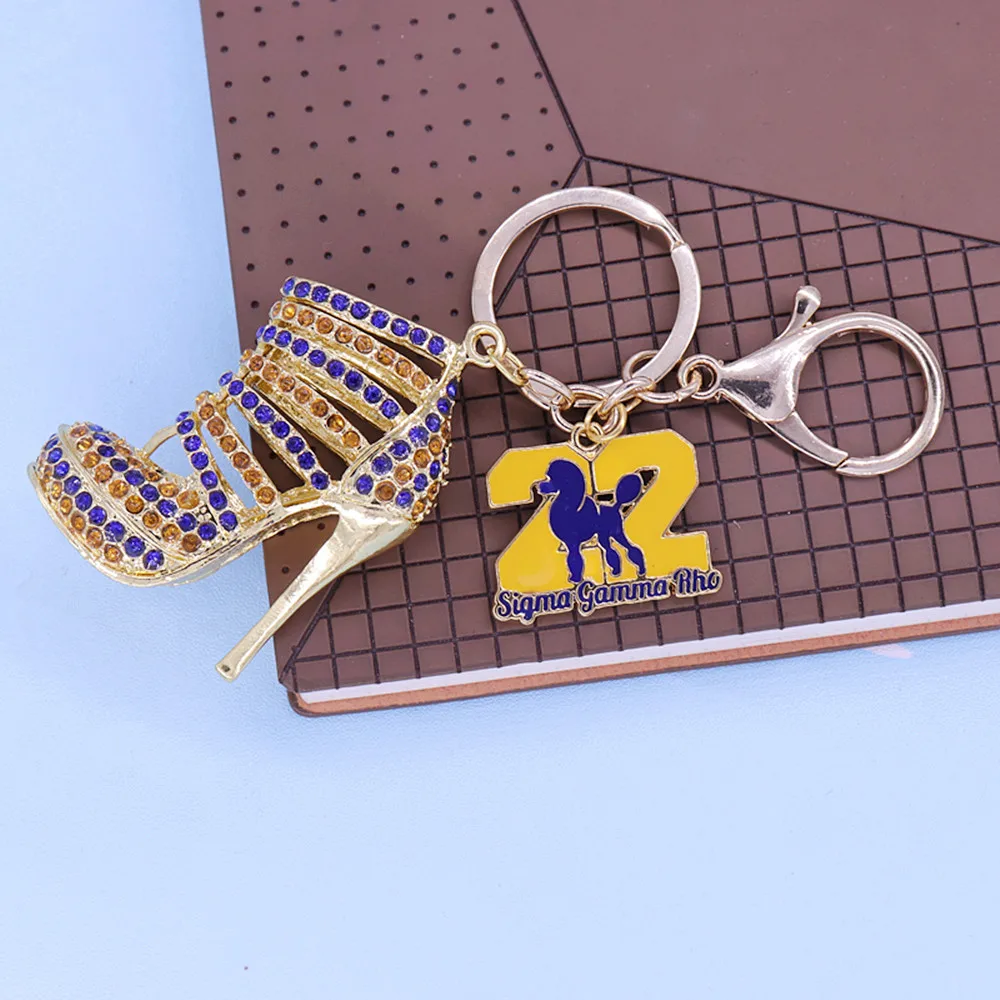 Drop Ship Sorority Blue Yellow Diamond High Heel Shoe Pendant Pretty Poodle Sigma Gamma Rho Key Chain Keyrings For Women Bag