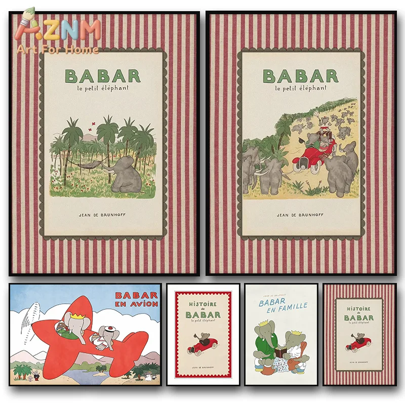 1pc  frameless Canvas Painting Cartoon Illustration Babar The Elephant Vintage Posters and Prints Canvas Printing Wall Art Pictu