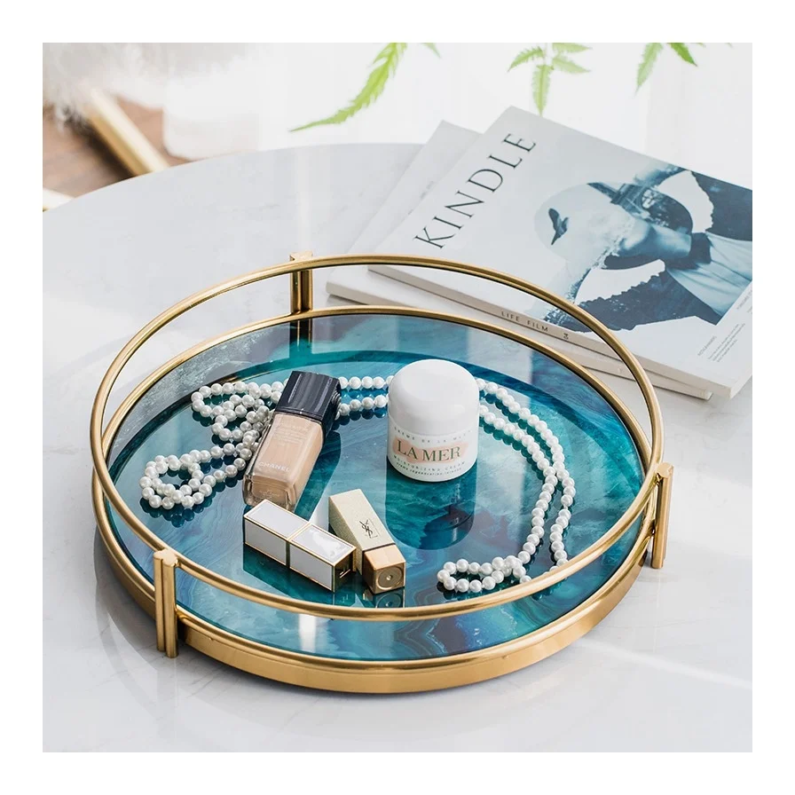 Nordic Light Luxury Creative Metal Agate Stone Pattern Round Tray Tea Tray Cosmetics Storage Plate Ornaments Ornaments