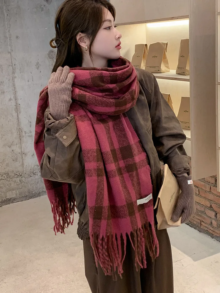 New Couple Plaid Scarf Girl Korean Dongdaemun Ins Style Student Retro Fringe Bib Shawl Dual-Use Men