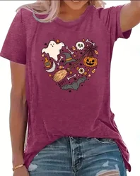 Damski nowy wygodny i prosty retro Halloweenowy wzór kreskówkowy z nadrukiem Casualowy top z krótkim rękawem i okrągłym dekoltem Plus Size