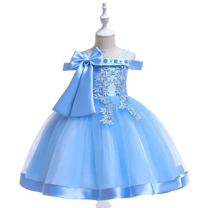 New Girls' Dress Beaded Flower Off spalla Strap Princess bambini piccoli senza maniche Solid a-line abiti da sera