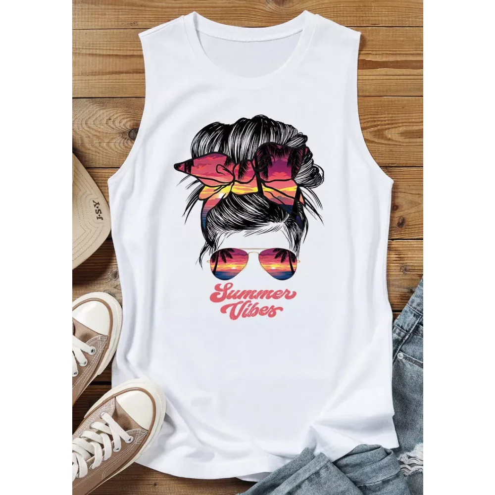 Rheaclots Women's Summer Vibes Sunset Printed Casual O-Neck Tank Top