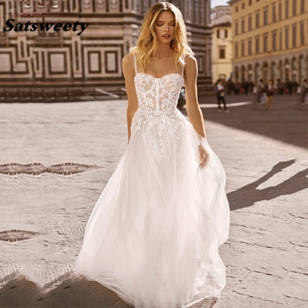 

Spaghetti Straps Tulle Elegant Boho Wedding Dresses 2024 Sweetheart Appliques Bride Gowns Sweep Beach Bridal Robe De Mariée