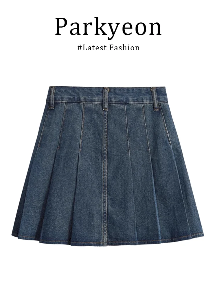 High Waist A-Line  Skirt Denim Pleated Women's Versatile Summer Fashion Slimming Vintage Reduce Age Half-length Skirt