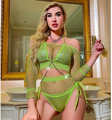 القوطية شبكة صيد السمك المحاصيل الأعلى كم طويل مع سلسلة مطابقة السراويل قطعتين مجموعة لملهى ليلي القطب الرقص الهذيان الزي بار راقصة