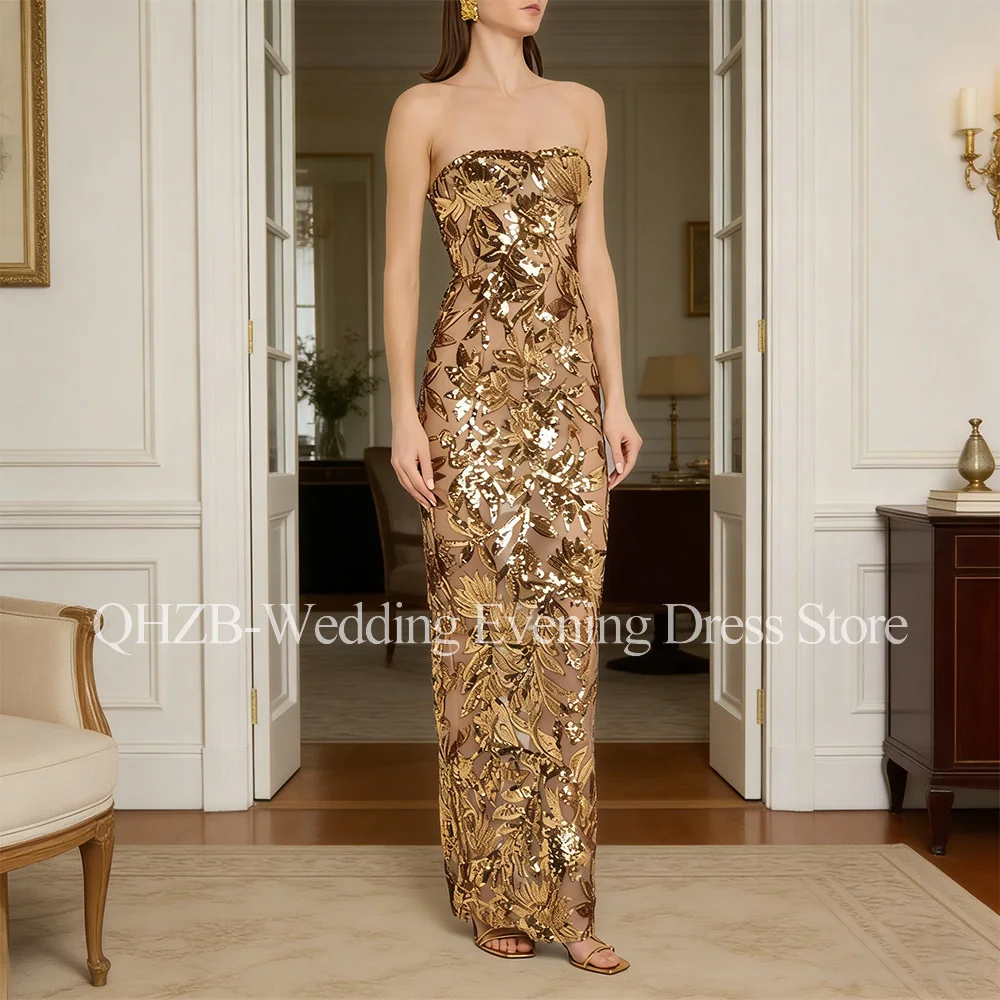 

Customized Sparkle Gold Long Evening Dresse for Special Occasions Strapless Floor-Length Mermaid Women Gala Prom Party Gowns