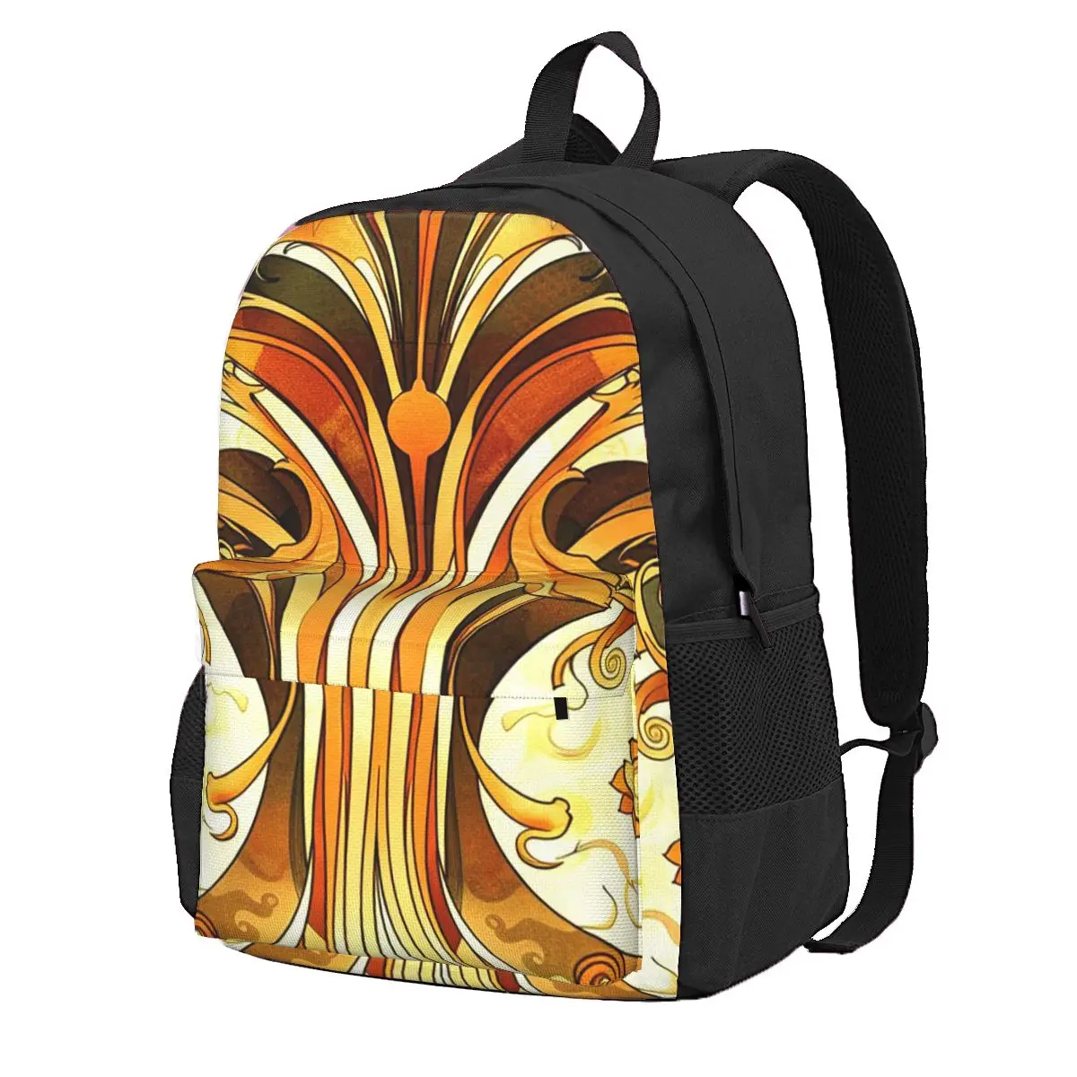 

Art Nouveau Ornate Designs In Golden And Cream Student Backpack School Bag Hiking Travel Daypack Fashion Bookbag Shoulder Bags