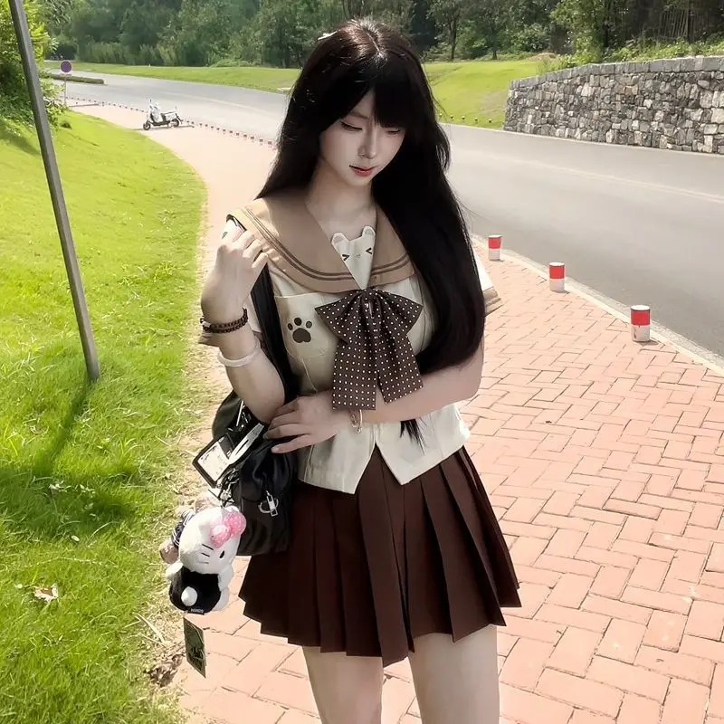 Abito da marinaio giapponese per asilo, carino e morbido, per ragazza JK, uniforme, modello orso, gioco di ruolo marrone