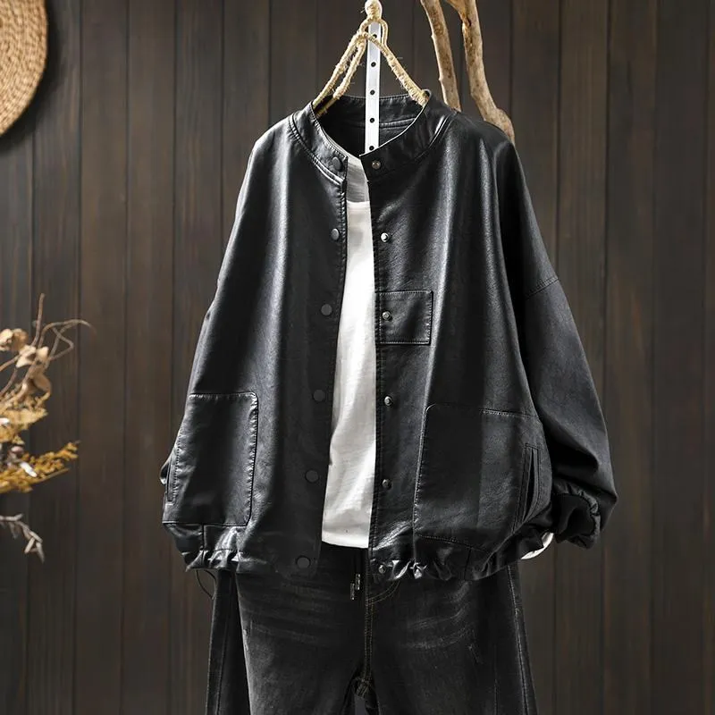 Luźna damska kurtka ze skóry PU ze stójką, wiązana w dół, w stylu retro, inspirowana Hong Kongiem, motocyklowa, dojazdy do pracy, długa...