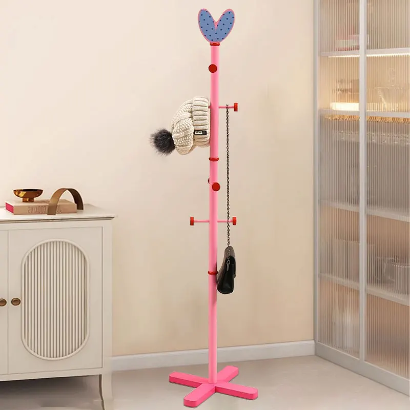 Kids Whimsical Clothes Rack Home Furniture Solid Wood Floor Standing Coat Stand Cartoon Pink Nursery Organizer with Sturdy Base