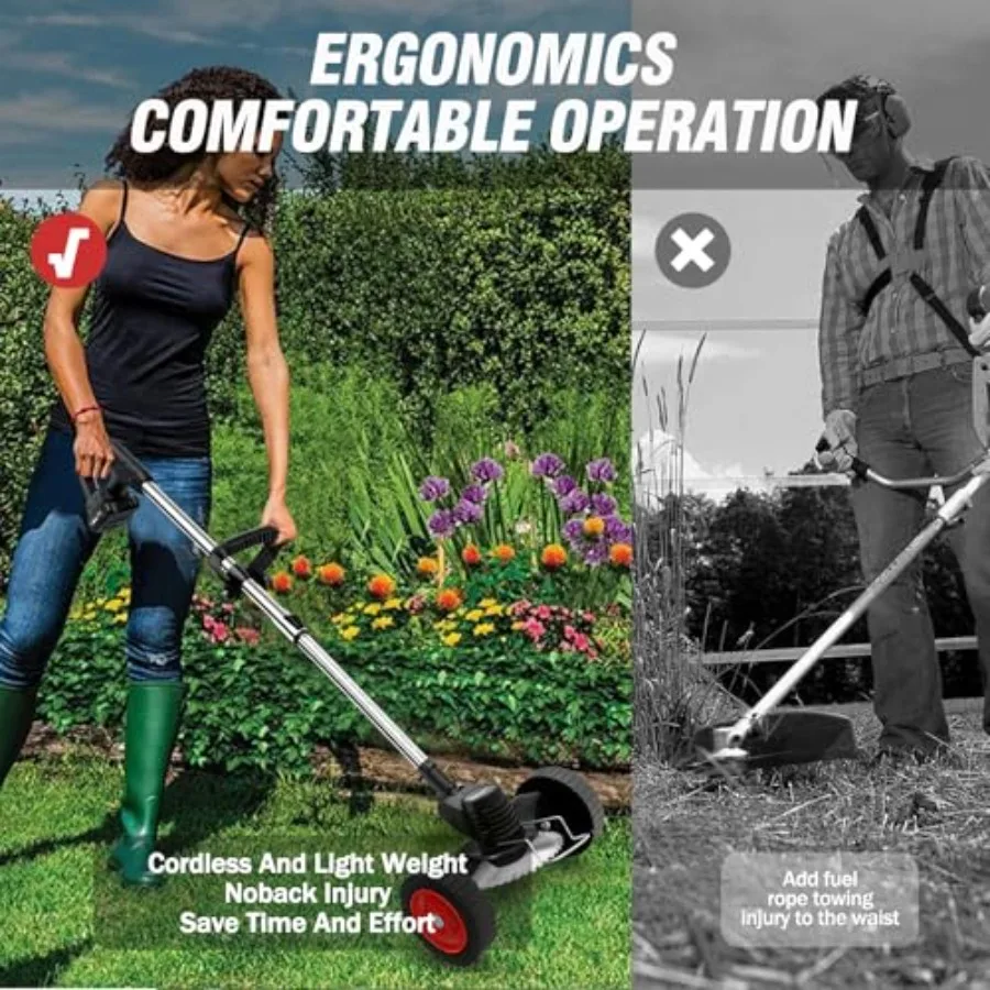 เครื่องตัดหญ้าไร้สาย 21V พร้อมล้อ สำหรับดูแลสวนและสนามหญ้า 3-in-1 เครื่องตัดหญ้าแบบแปรง/เครื่องตัดหญ้าแบบสาย/เครื่องตัดหญ้า