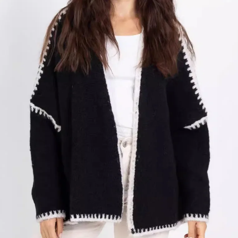 

Coarse Needle Imitation Woolen Knitted SweaterJacket Solid Color Leisure Loose Long SleevesCardigan Winter Clothes Woman Coat