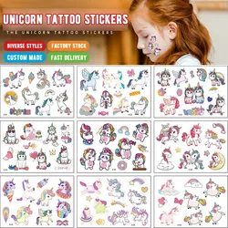 Autocollants de tatouage licorne de dessin animé pour enfants, étiquette étanche, dure longtemps, drôle et mignon, paquet de 12