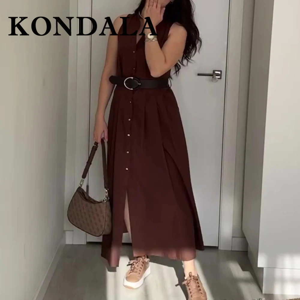 Kondala vintage marrom mulher vestidos único breasted sem mangas faixas vestido plissado moda 2025 verão streetwear vestidos longos