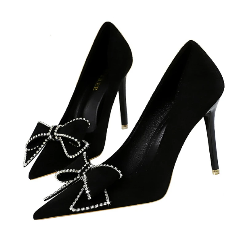 Kobiety Fetysz 10.5cm Wysokie obcasy Scarpins Flock Sweet Party Pumps Lady Kawaii Rhinestone Butterfly Knot Black Sexy Nightclub Shoes