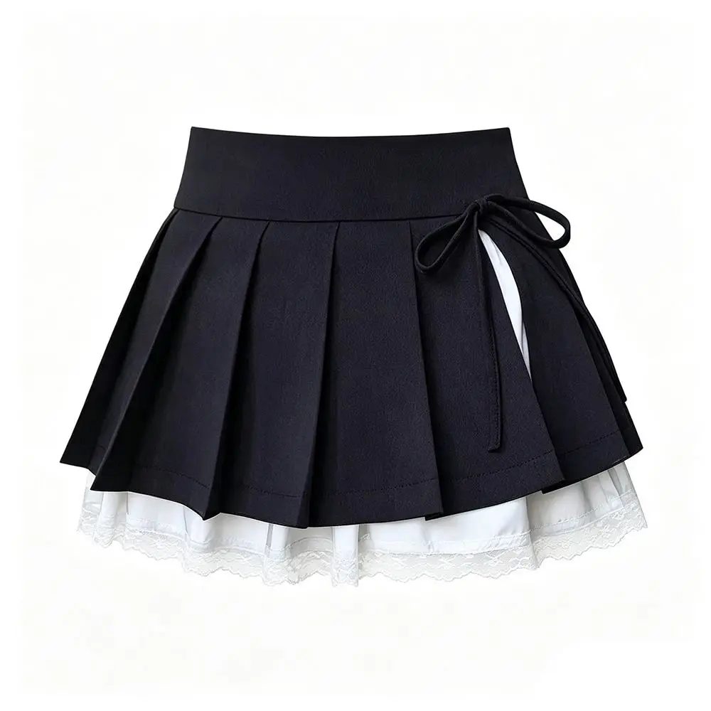 Lace Paneling Pleated A-Line Skirt Built-in Shorts Side Slit High Waist Skirt Polyester Lining Plaid Mesh Stitching Mini Skirt