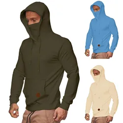 Mens Gym Hoodie Long Sleeve with Mask Sweatshirt Hoodies Casual Splice Large Open-Forked Male Clothing Mask Button Sports Hooded