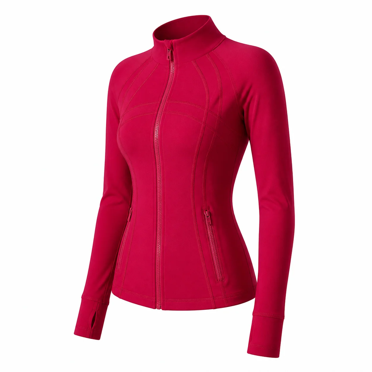 Women's Crimson Red Slim Fit Full Zip Sports Jacket Stand Collar Long Sleeve Thumbhole Workout Running Yoga Outerwear