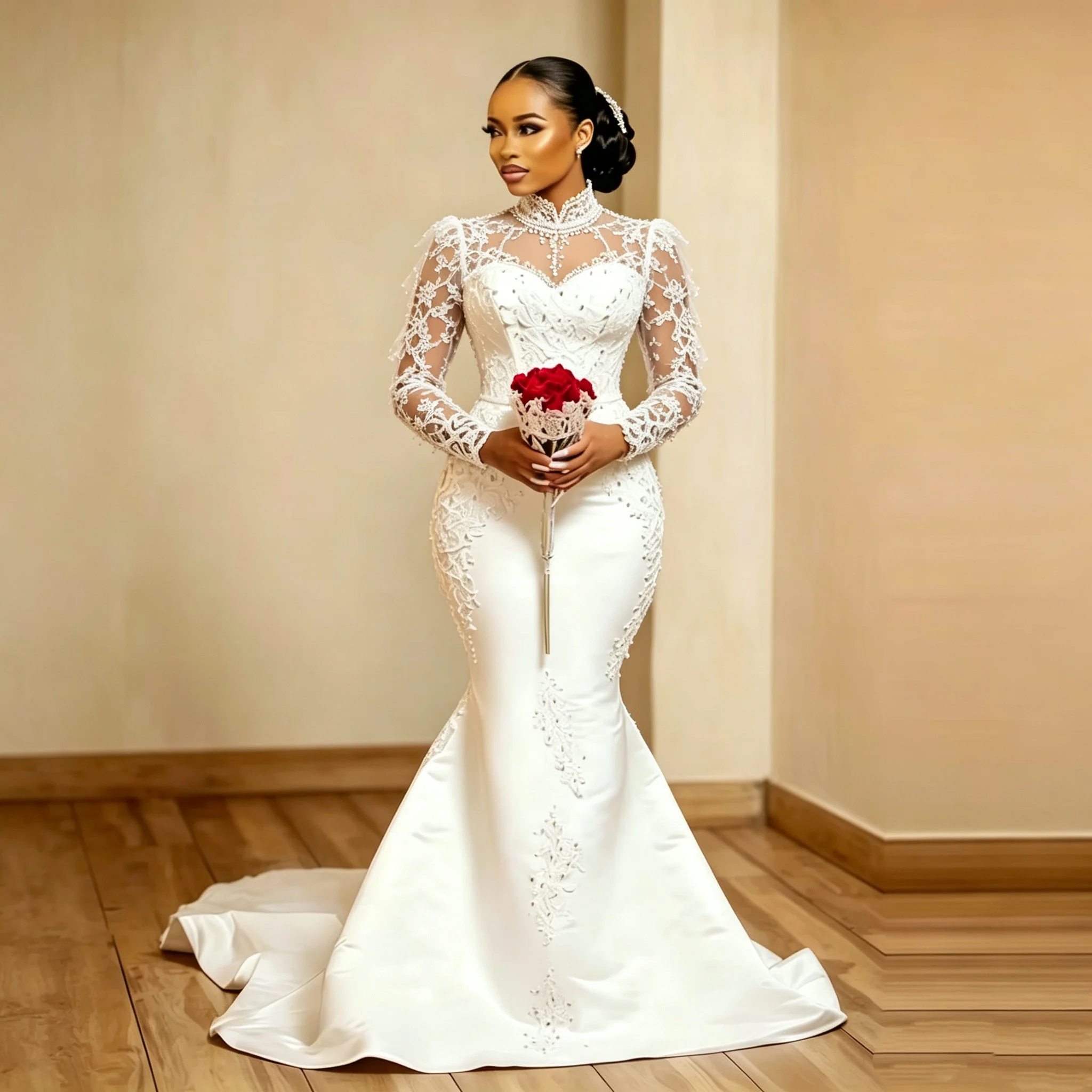 Custom High Neck Long Sleeve Mermaid Wedding Dress 2026 2‑Style Back Design Lace Satin Bridal Gown For Bride Vestido De Novia