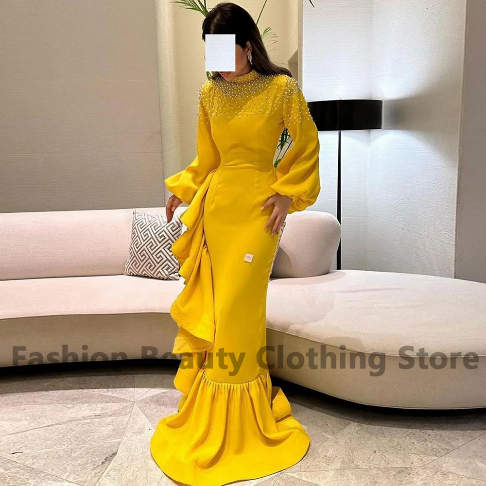 Classic Satin Celebrity Dress Long Sleeve With Beaded Ruffled High Neck Saudi Arabian Women\'s Mermaid Brush Train Evening Gown