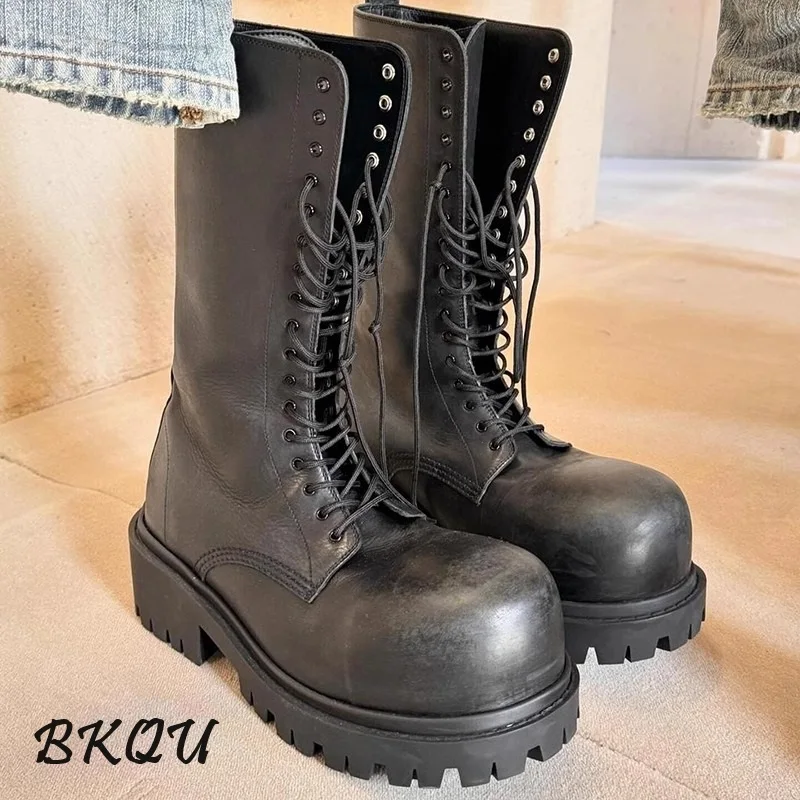 

BKQU Big Head Knight Boots Women's Black Mid-calf Boots 2025 Spring New Thick Heels Increase Platform Shoes Lace-up Work Boots