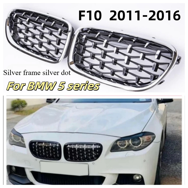 

For BMW 5 Series F10 2011-2016 Silver Meteor Diamond Mesh Grille Front Bumper Cover Racing Style Exterior Car Accessory replace
