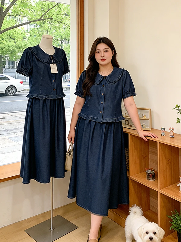 

plus Size Women's Denim Short Sleeve Shirt And High Waist Skirt Two Piece Set Summer Slimming Fashion Korean Style Casual Wear