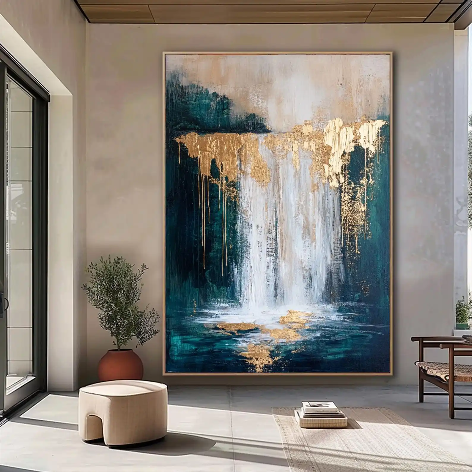 Mhemyo Original Abstract Hand Painted Navy Blue Gold Waterfall Landscape Oil Painting Layered Paint For Living Room Home Decor