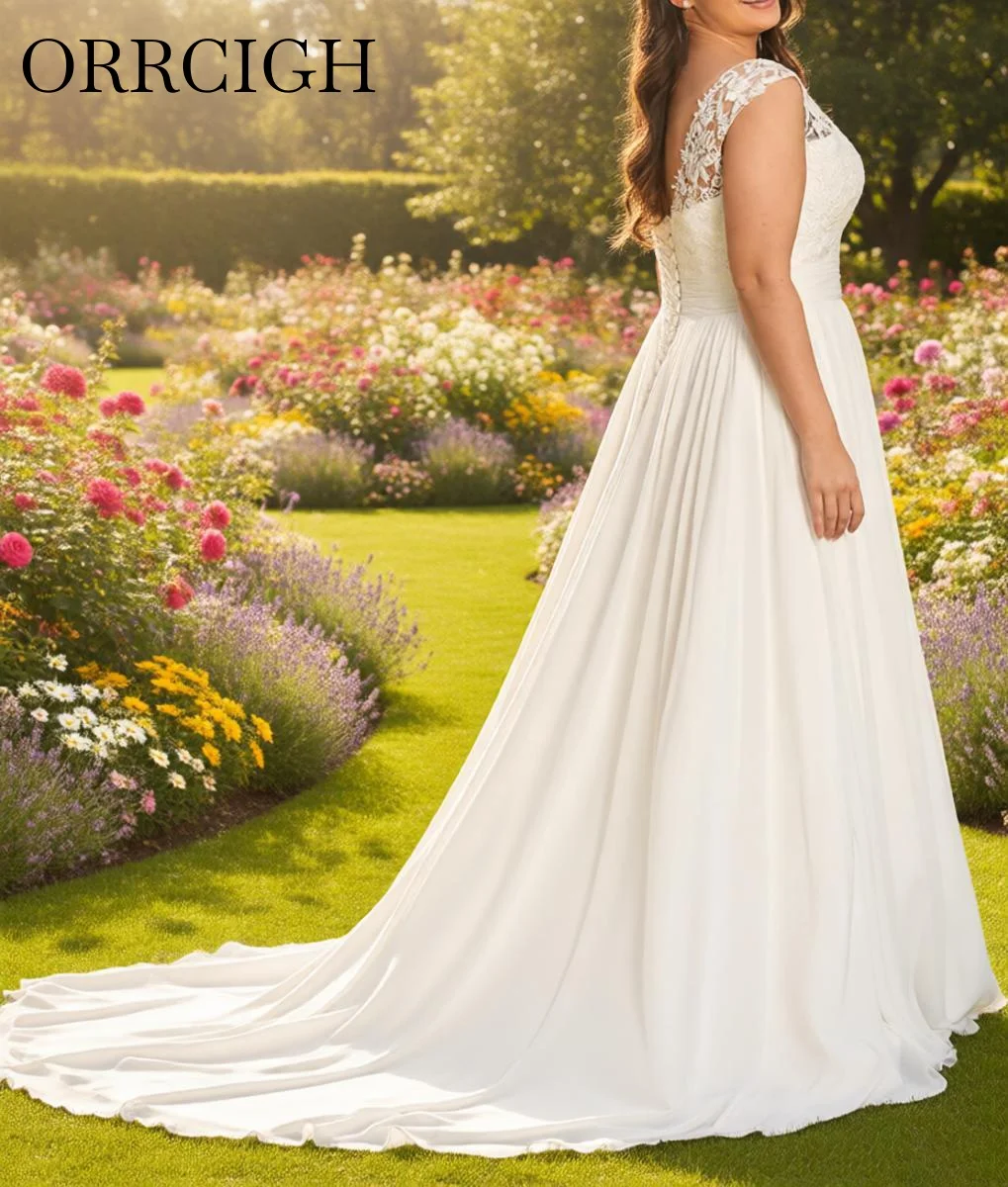 Customizable Elegant White Chiffon Wedding Dress V Neck Pleated Corset Bridal Gown with Train Plus Size свадебное платье