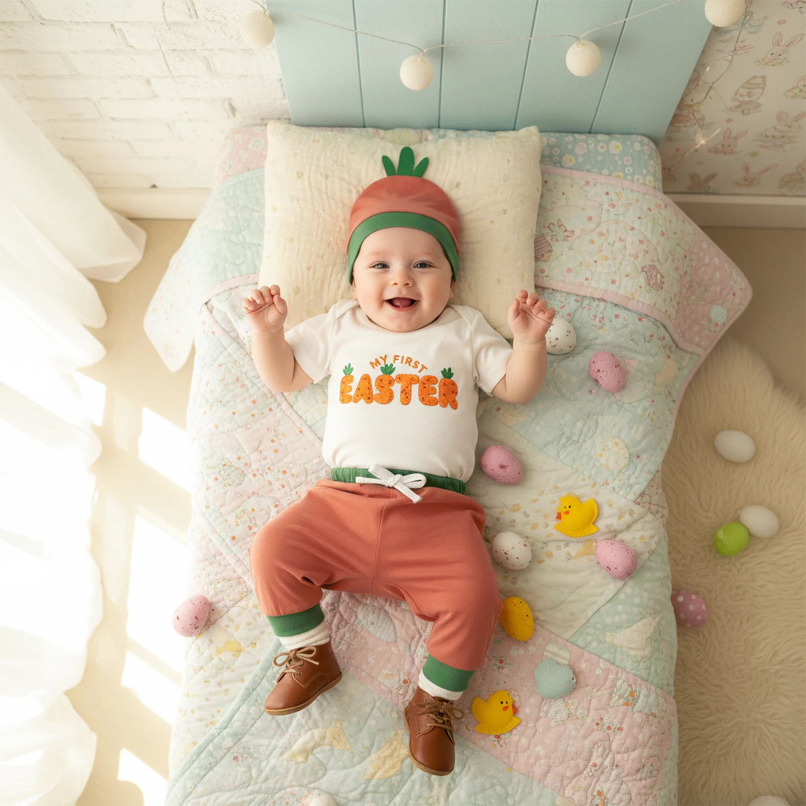 

Пасхальная одежда Blotona для новорожденных мальчиков, комбинезон с короткими рукавами и круглым вырезом, вышивкой букв и морковью, штаны контрастного цвета, комплект шляпы