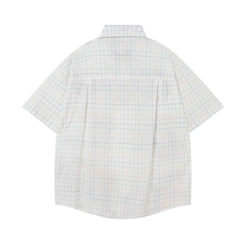 QICHE Unisex Trendy Short-Sleeve Shirt American Retro Plaid Multi-Style Cat Appliqué Letter Embroidery Loose Casual Shirt