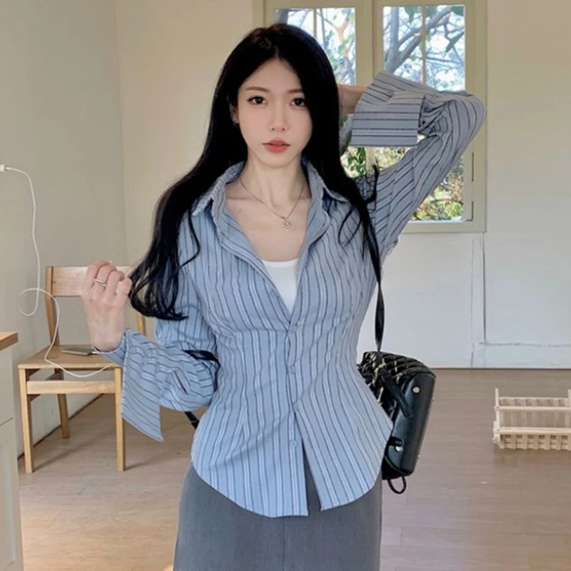 Office Lady Shirts Striped Single-breasted Blouse Women New Long Sleeve Tops Turn-down Collar Korean All-match Shirt