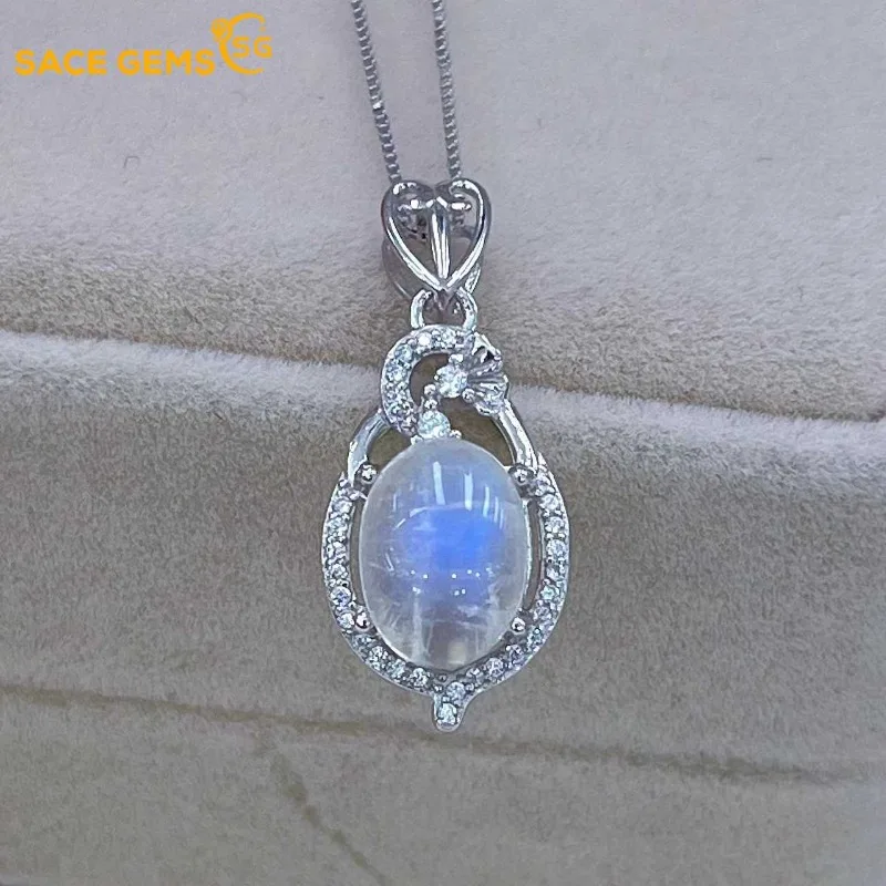 

SACEGEMS Certified 925 Sterling Silver 8*10MM Natual Moon Stone Pendant Necklace for Women Engagement Cocktail Party Fine Jewelr