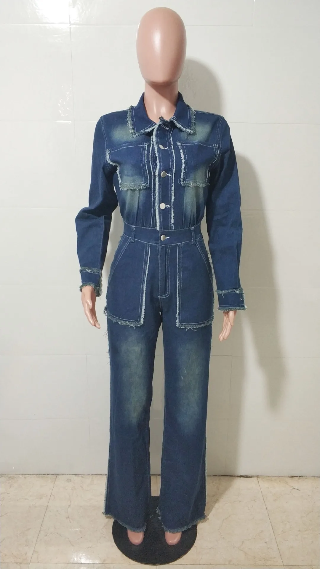 

Женский модный джинсовый комбинезон с тонкой эластичной резинкой на талии и длинными рукавами, уличный стиль, персонализированные женские повседневные однобортные комбинезоны