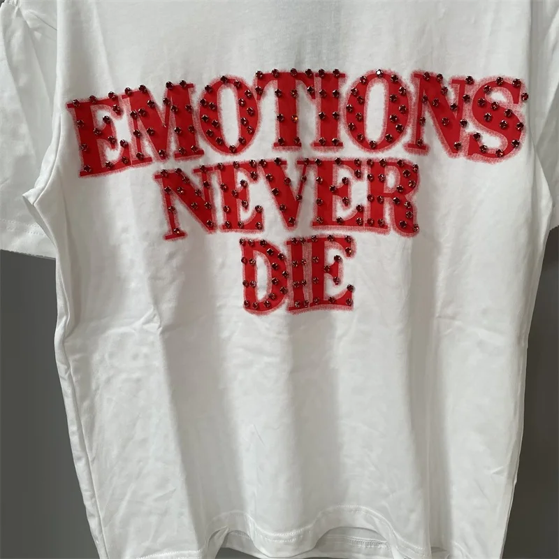 

2025 Oversized MIXED EMOTION White T-Shirts Men Women Pure Cotton Casual Red Hot Drill Letters Tshirts