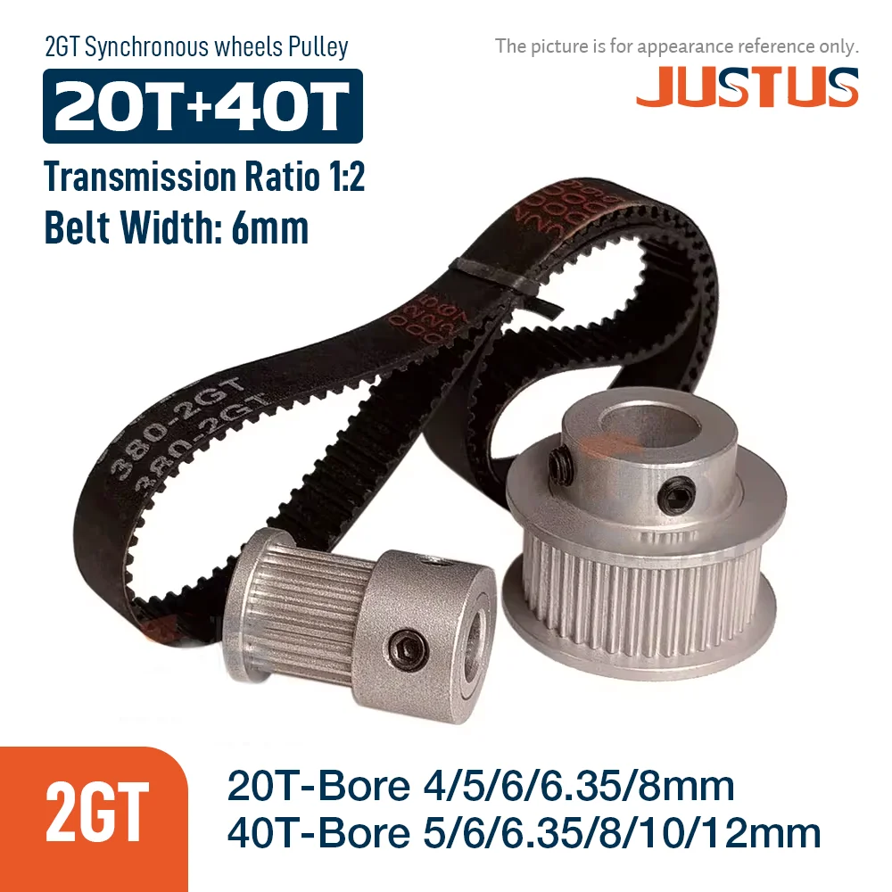 2GT Timing Pulley Belt Kit 20T:40T 1:2 Reduction Ratio Mechanical Transmission Assembly Bandwidth 6mm Synchronous Belt