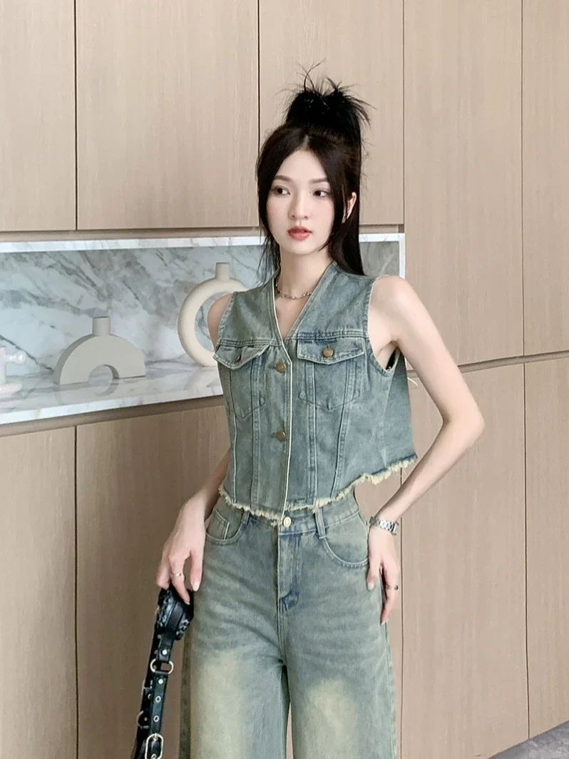 Summer new denim suit women\'s new sleeveless fur-trimmed vest jacket high-waisted wide-leg pants pants two-piece set