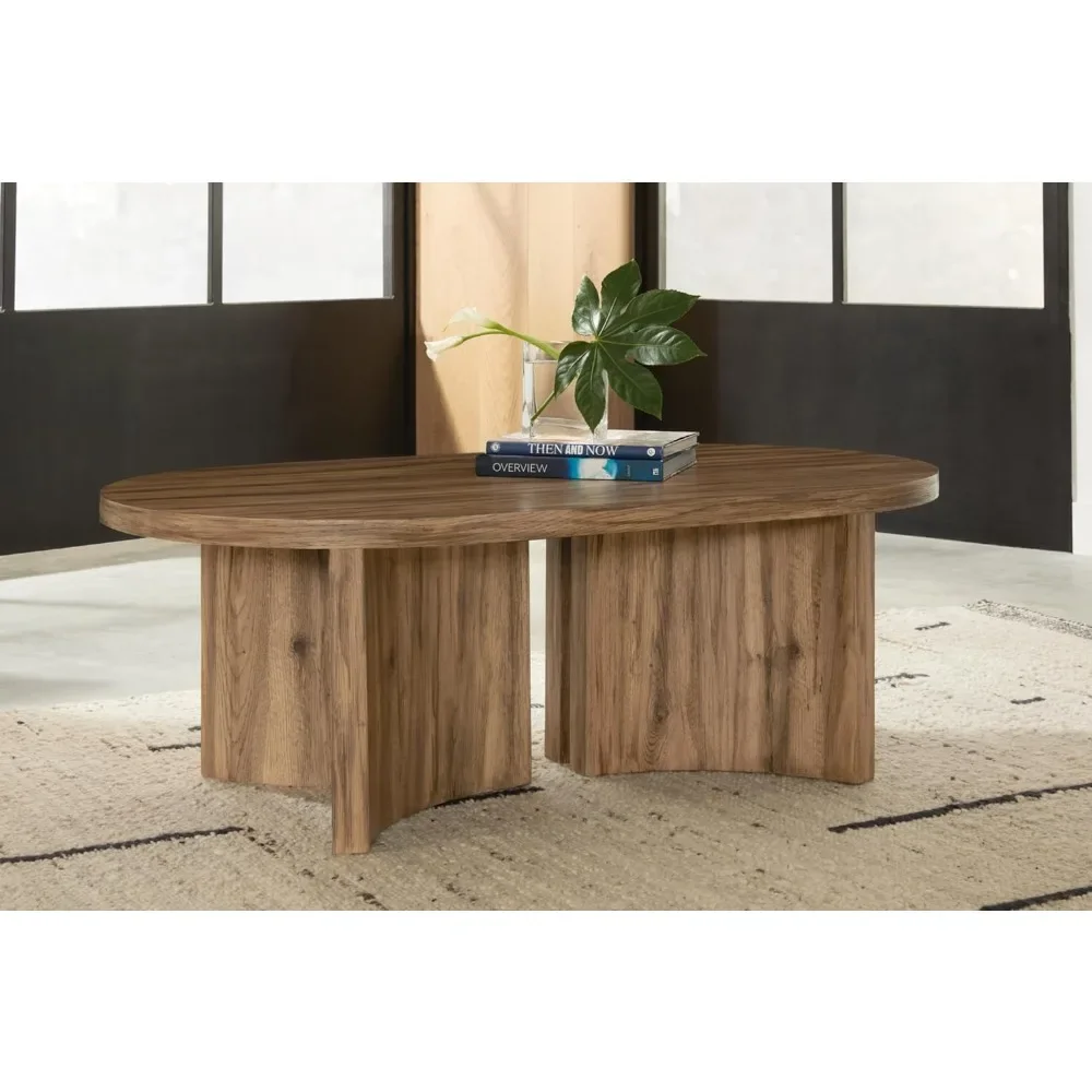 Austanny Rustic Thick-Tabletop Coffee Table with Curved Plinth Base, Light Brown