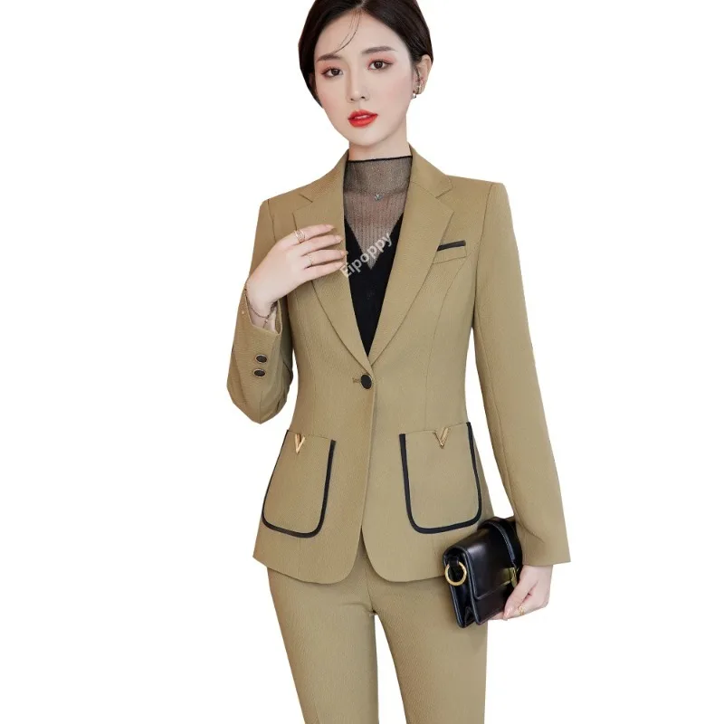 Beige Khaki Formal Pant Suit Women Business Work Wear 2 Piece Set Office Ladies Female Slim Long Sleeve Blazer and Trouser