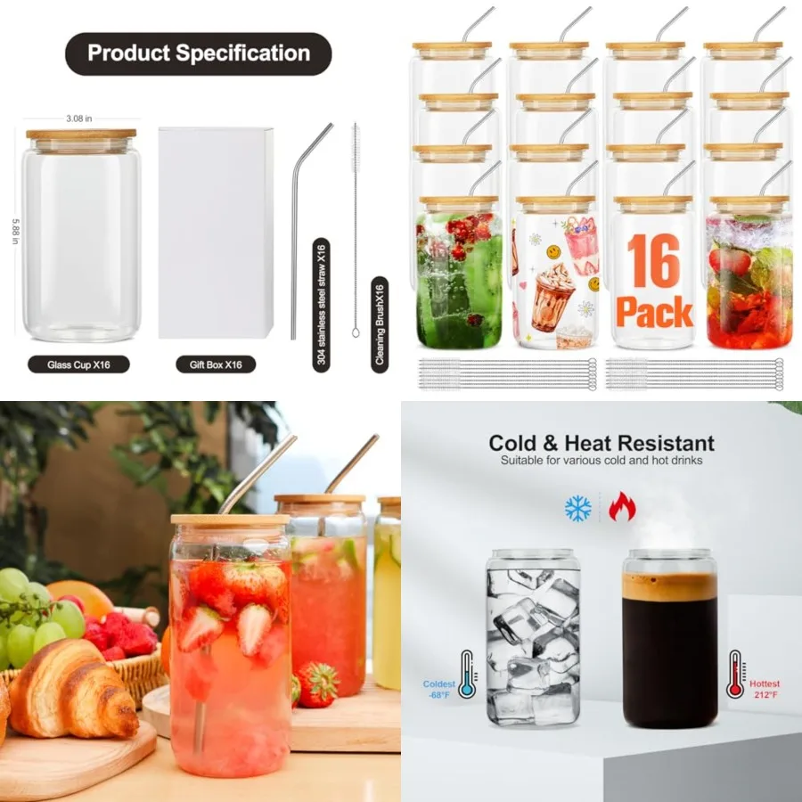 

16Pcs Glass Cups With Bamboo Lids and Straws, 16Oz Ice Coffee Cup, Drinking Glasses Cups Set, Water Bottles Glasses for Juicing