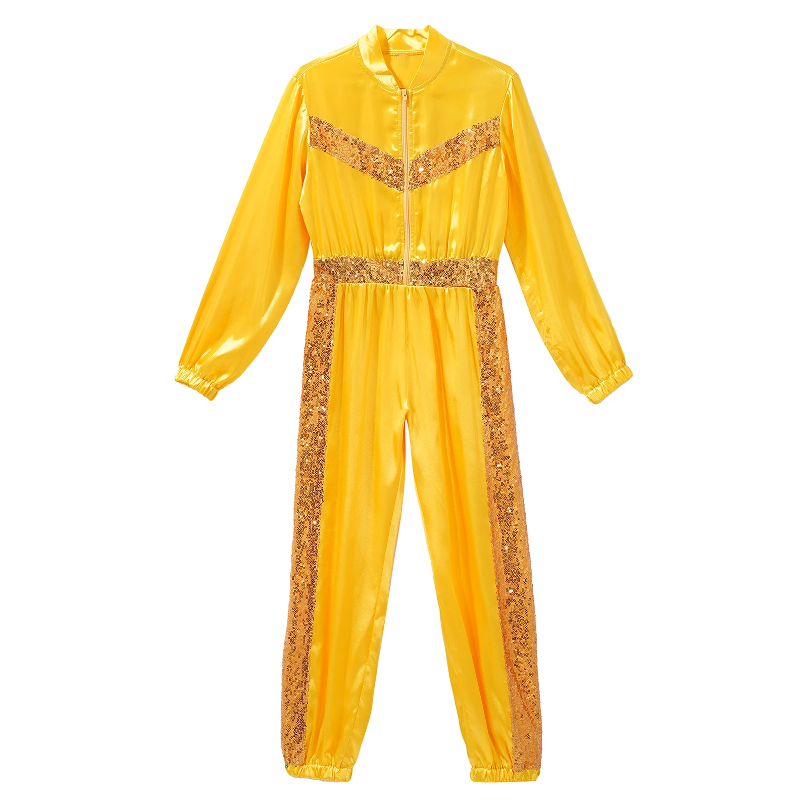 Kids Girls Shiny Sequins Satin Jumpsuit School Party Jazz Hip Hop Street Dance Performance Costumes Long Sleeve Zipper Bodysuit