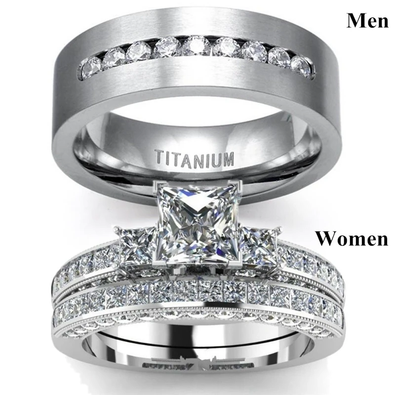 New Crystal Cubic Zirconia Rings Bridal Sets Popular Ladies Pair Couple Ring For Woman Man Wedding White Titanium Steel Jewelry