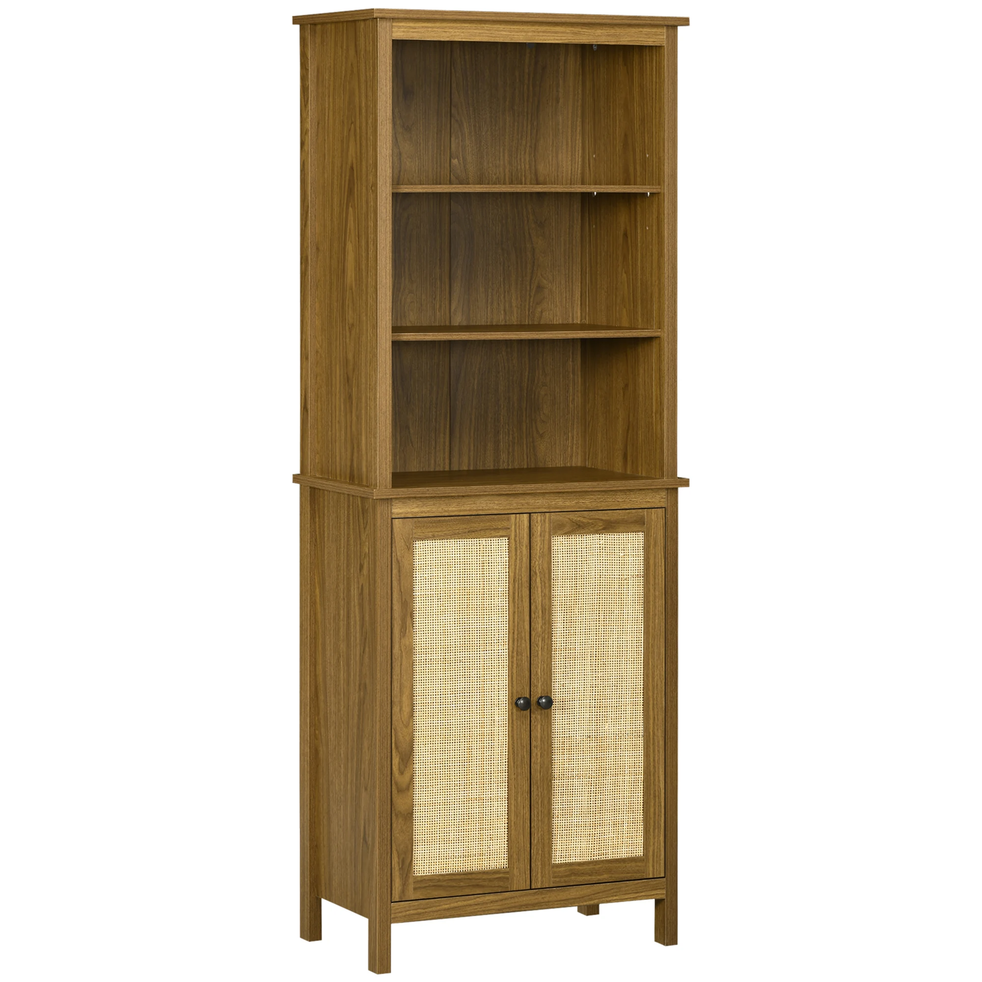 HOMCOM Bookshelf Bookshelf Book Cabinet Living Room Cabinet with 2 Rattan Doors and 3 Storage Shelves for Office Studio 60x34,5x162 cm Walnut