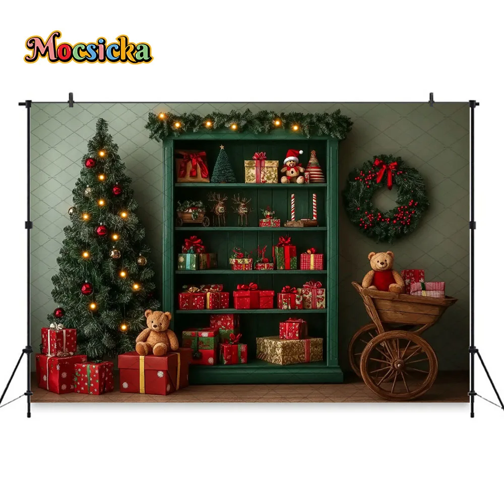 Mocsicka Green Christmas Gift Shelf Background Photography Xmas Tree Toy Bear Santa's Workshop Backdrop Winter Kids Photo Studio
