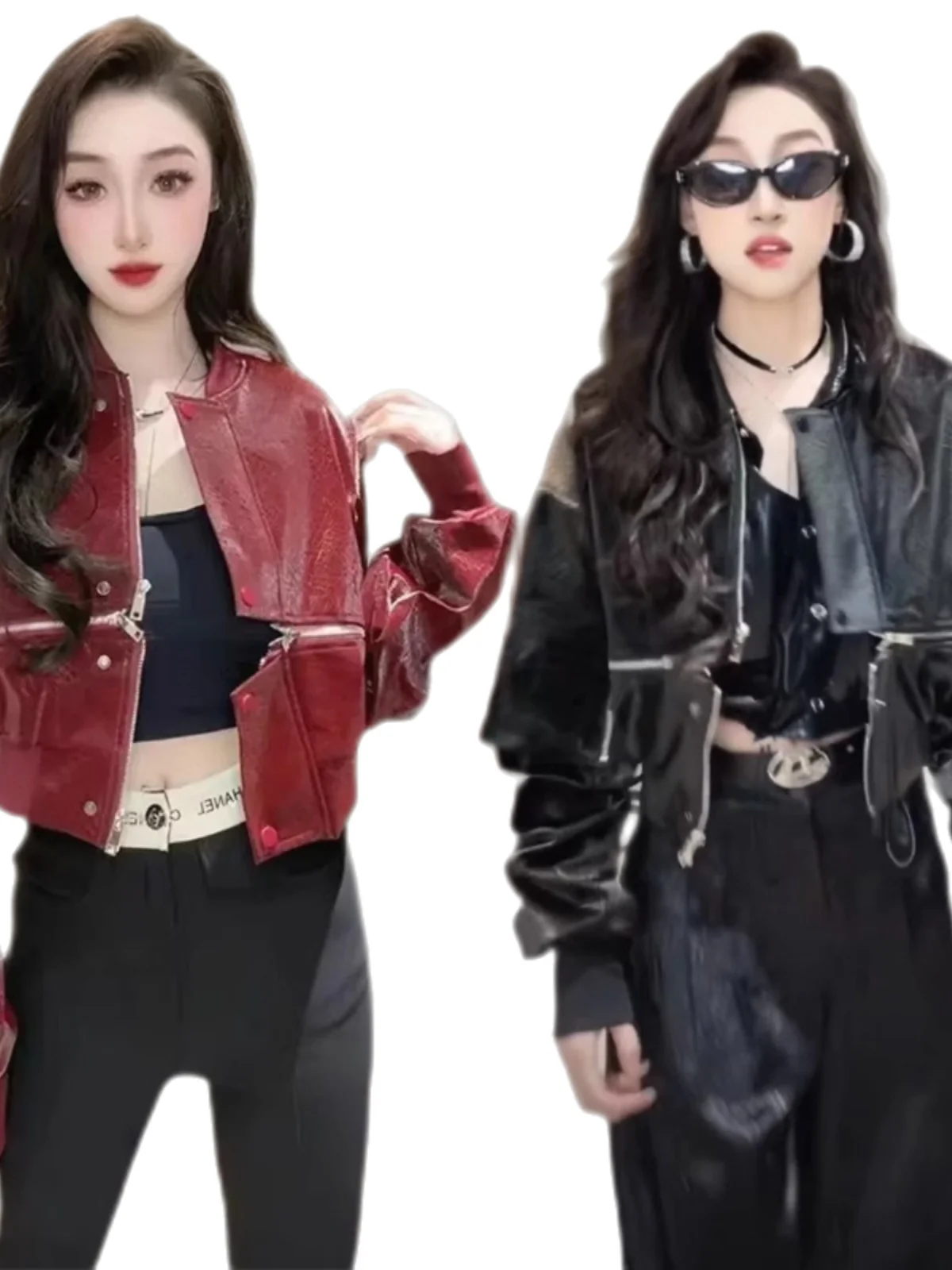 Giacca da Donna in Pelle Verniciata Rosso Vino Vintage con Cerniera Orizzontale, Nuova Collezione Primavera, Stile Baseball, Vestibilità Comoda per il Pendolarismo