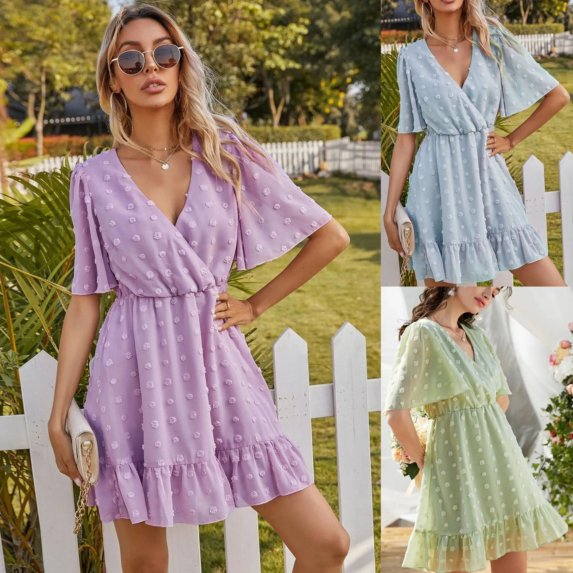 

Female Ruffles Sleeve Dress Women Spring V Neck Chiffon Print Dresses Lasies Summer Sexy Short A Line Party Mini Dress Vestidos