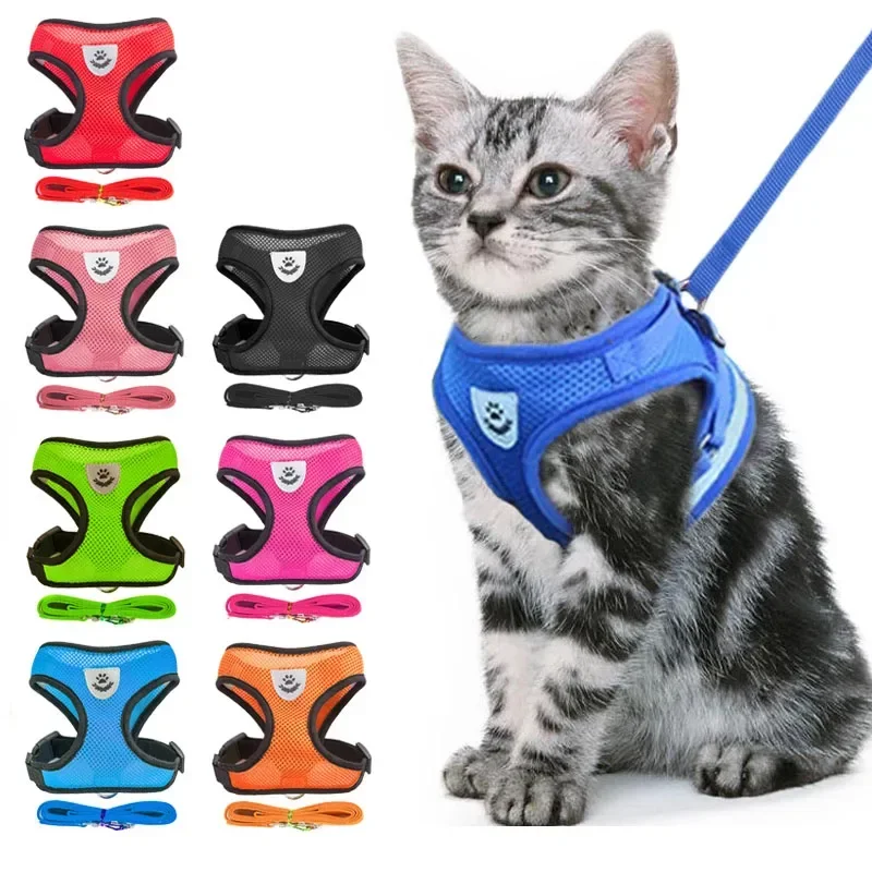 Small Large Cat Dog Harness with Lead Leash Adjustable Vest Polyester Mesh Breathable Reflective Anti-Escape Puppy Kitten Collar